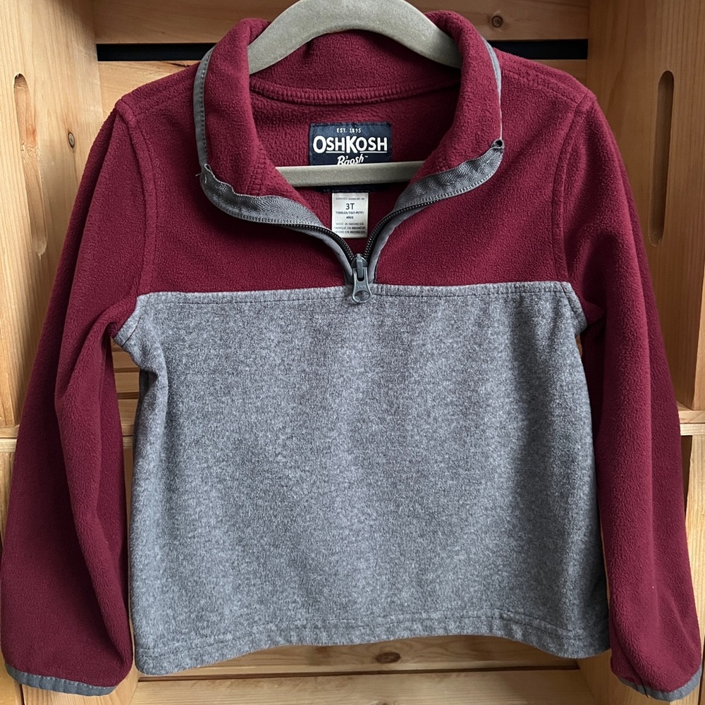 OshKosh B'gosh Red and Gray Zip-Up Fleece Pullover, Size 3T